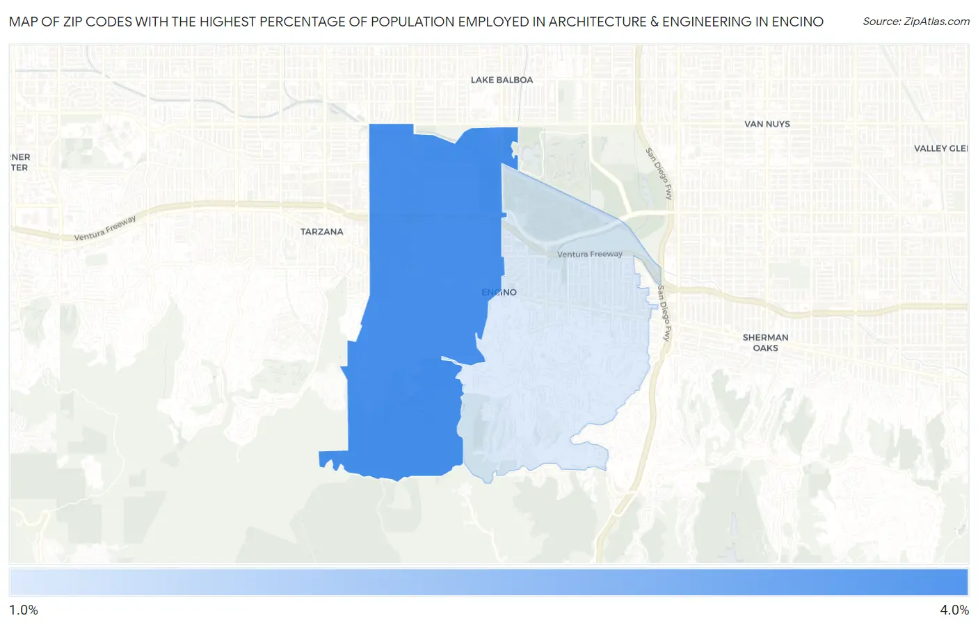 Zip Codes with the Highest Percentage of Population Employed in Architecture & Engineering in Encino Map