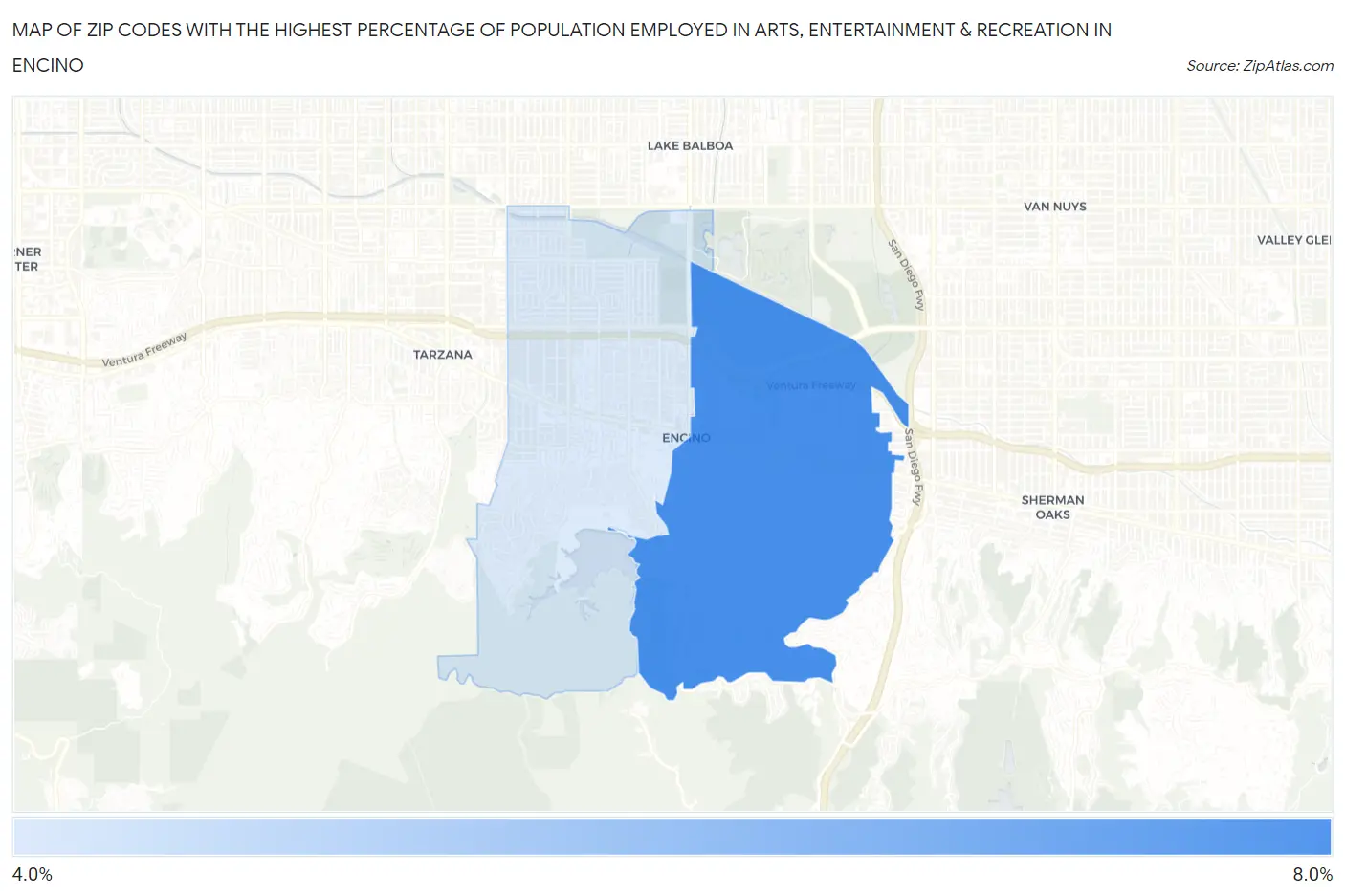 Zip Codes with the Highest Percentage of Population Employed in Arts, Entertainment & Recreation in Encino Map