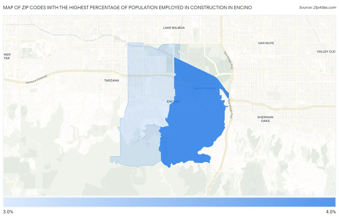 Zip Codes with the Highest Percentage of Population Employed in Construction in Encino Map
