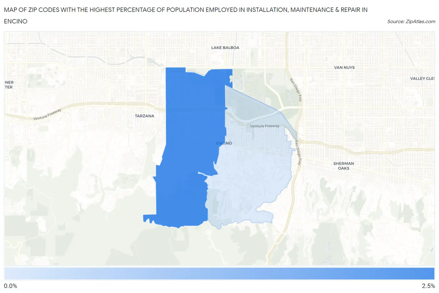Zip Codes with the Highest Percentage of Population Employed in Installation, Maintenance & Repair in Encino Map