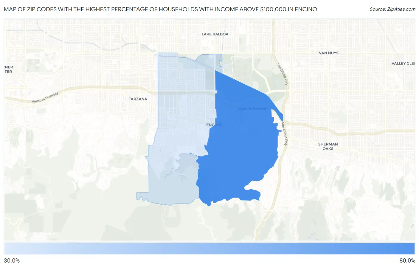 Zip Codes with the Highest Percentage of Households with Income Above $100,000 in Encino Map