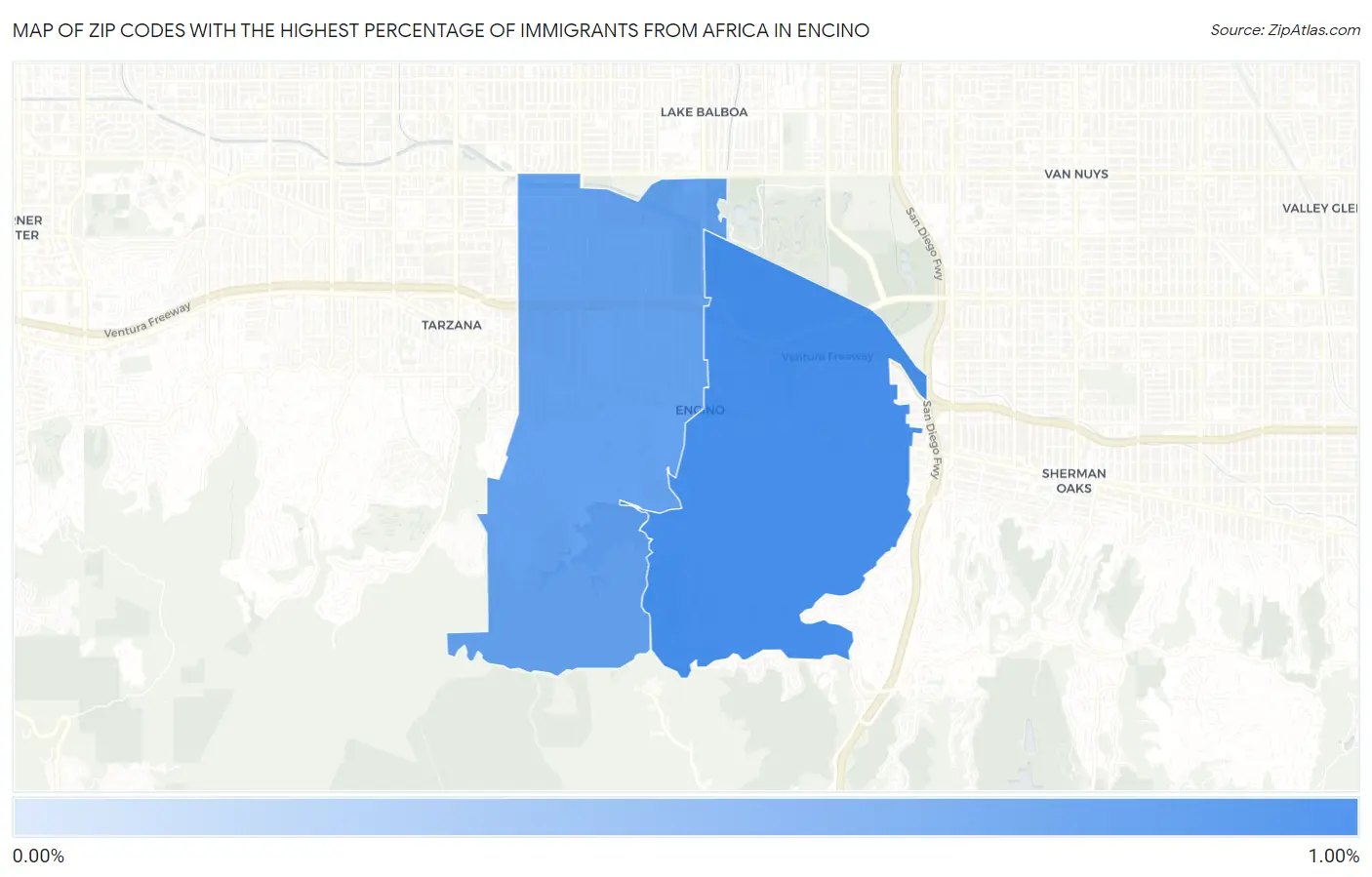 Zip Codes with the Highest Percentage of Immigrants from Africa in Encino Map