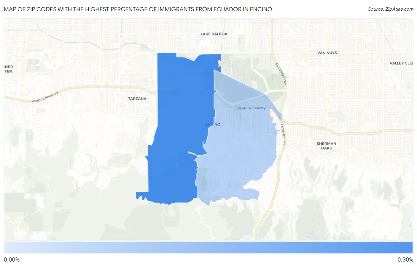 Zip Codes with the Highest Percentage of Immigrants from Ecuador in Encino Map