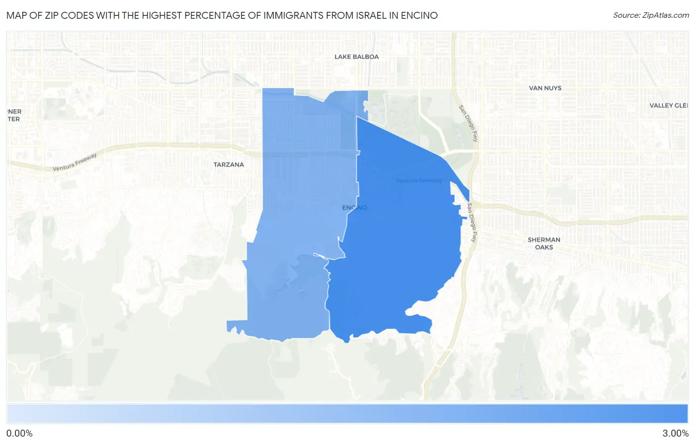 Zip Codes with the Highest Percentage of Immigrants from Israel in Encino Map