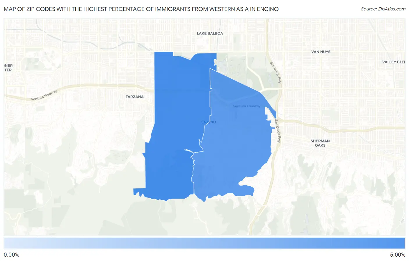 Zip Codes with the Highest Percentage of Immigrants from Western Asia in Encino Map