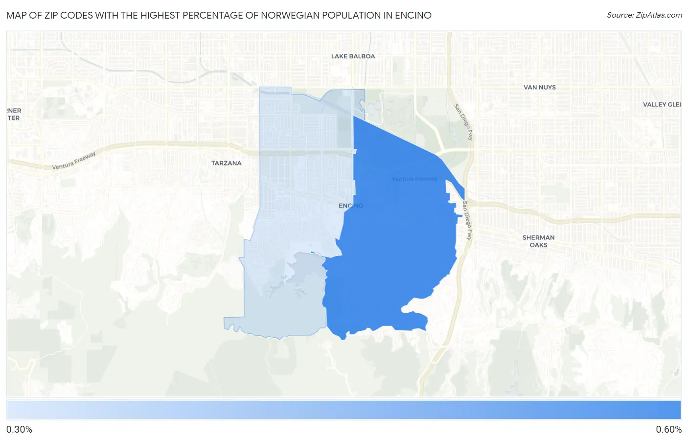 Zip Codes with the Highest Percentage of Norwegian Population in Encino Map