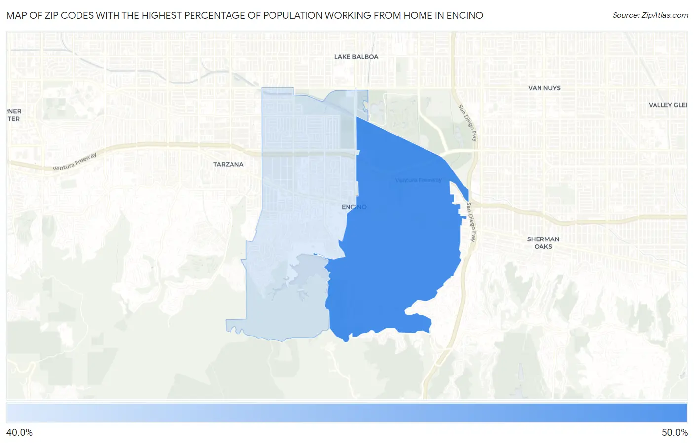 Zip Codes with the Highest Percentage of Population Working from Home in Encino Map