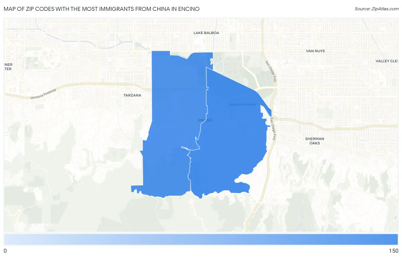 Zip Codes with the Most Immigrants from China in Encino Map