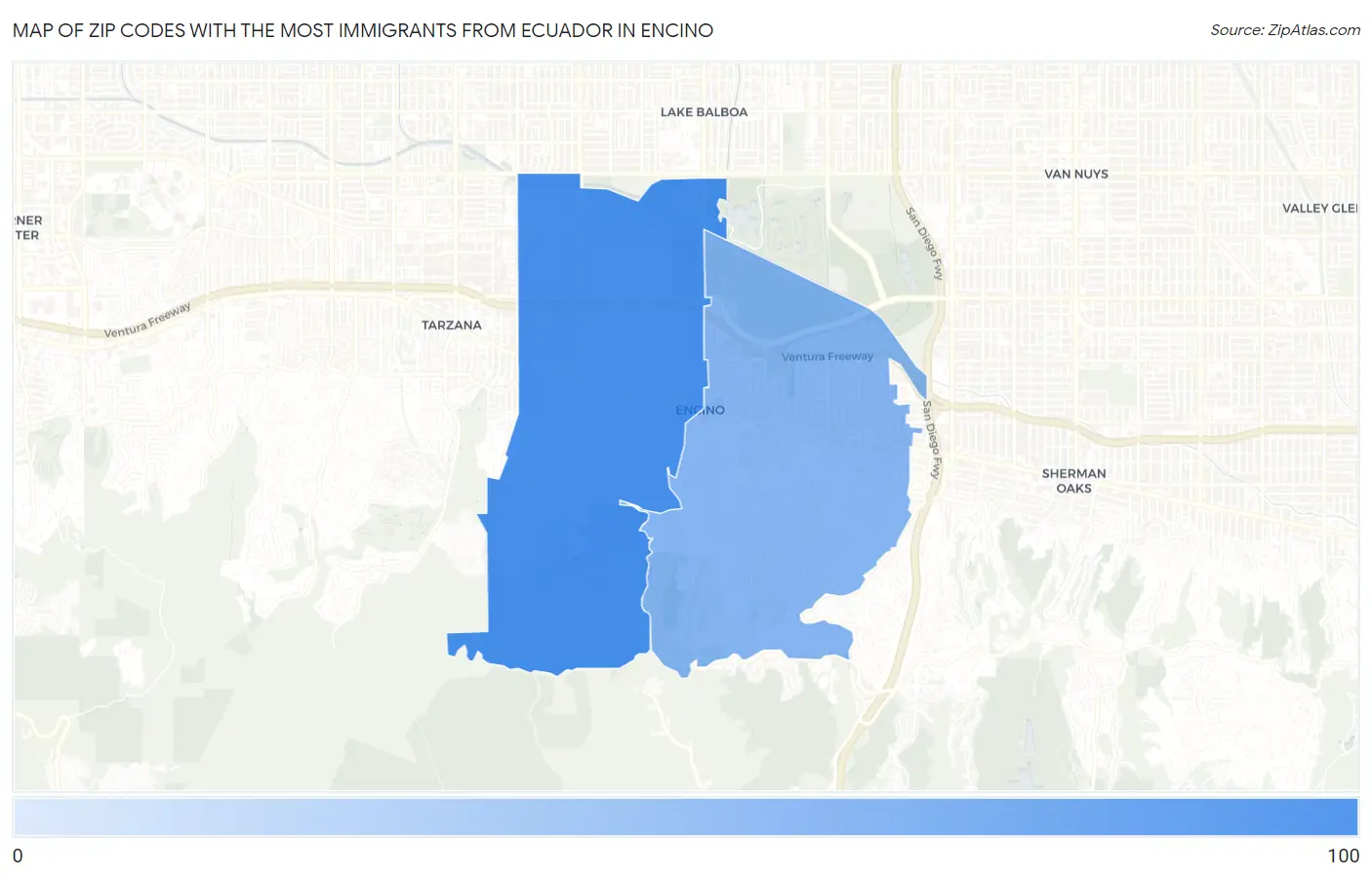 Zip Codes with the Most Immigrants from Ecuador in Encino Map