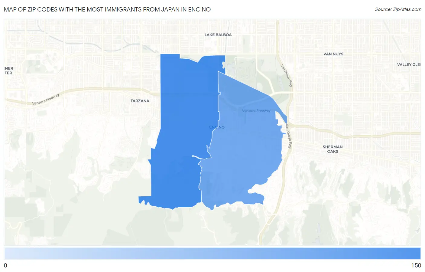 Zip Codes with the Most Immigrants from Japan in Encino Map