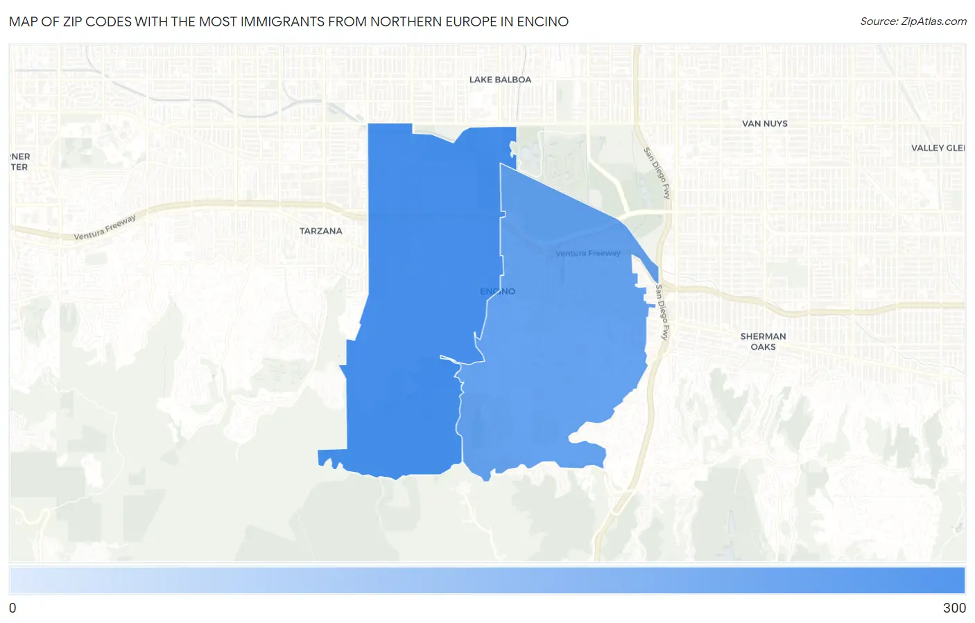 Zip Codes with the Most Immigrants from Northern Europe in Encino Map