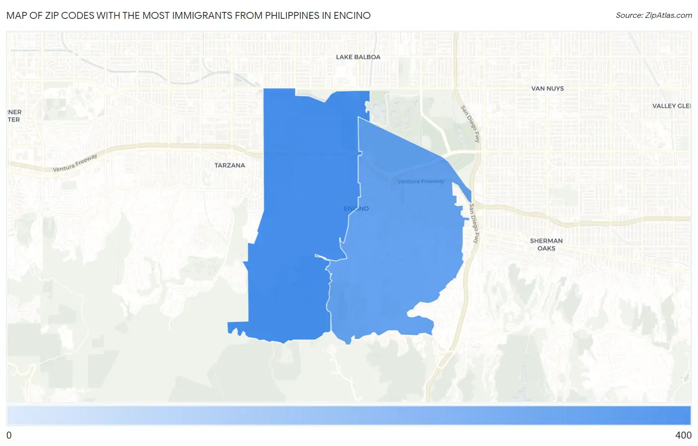 Zip Codes with the Most Immigrants from Philippines in Encino Map