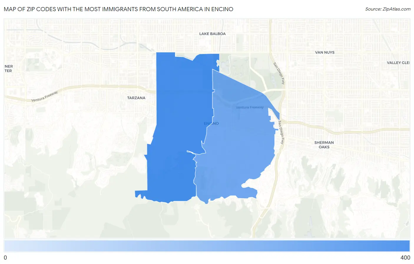 Zip Codes with the Most Immigrants from South America in Encino Map