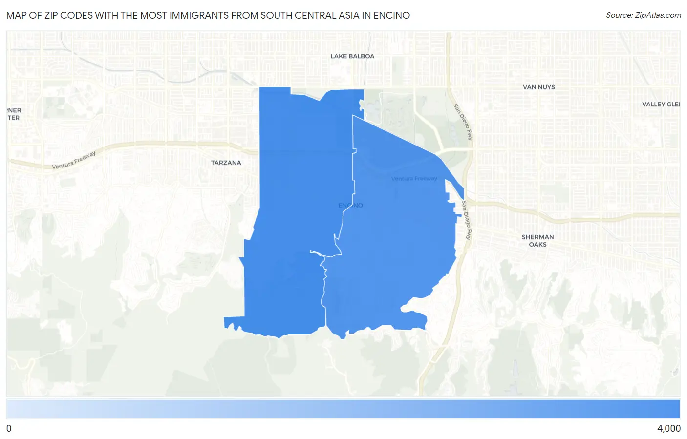 Zip Codes with the Most Immigrants from South Central Asia in Encino Map