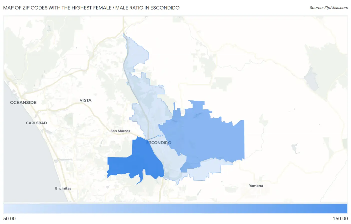 Zip Codes with the Highest Female / Male Ratio in Escondido Map