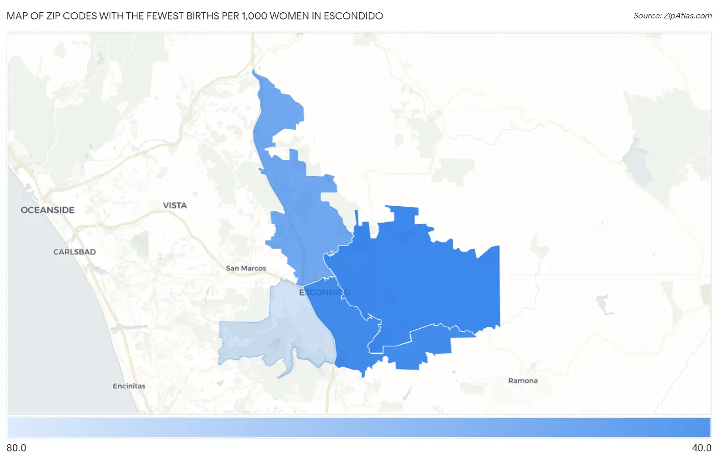 Zip Codes with the Fewest Births per 1,000 Women in Escondido Map