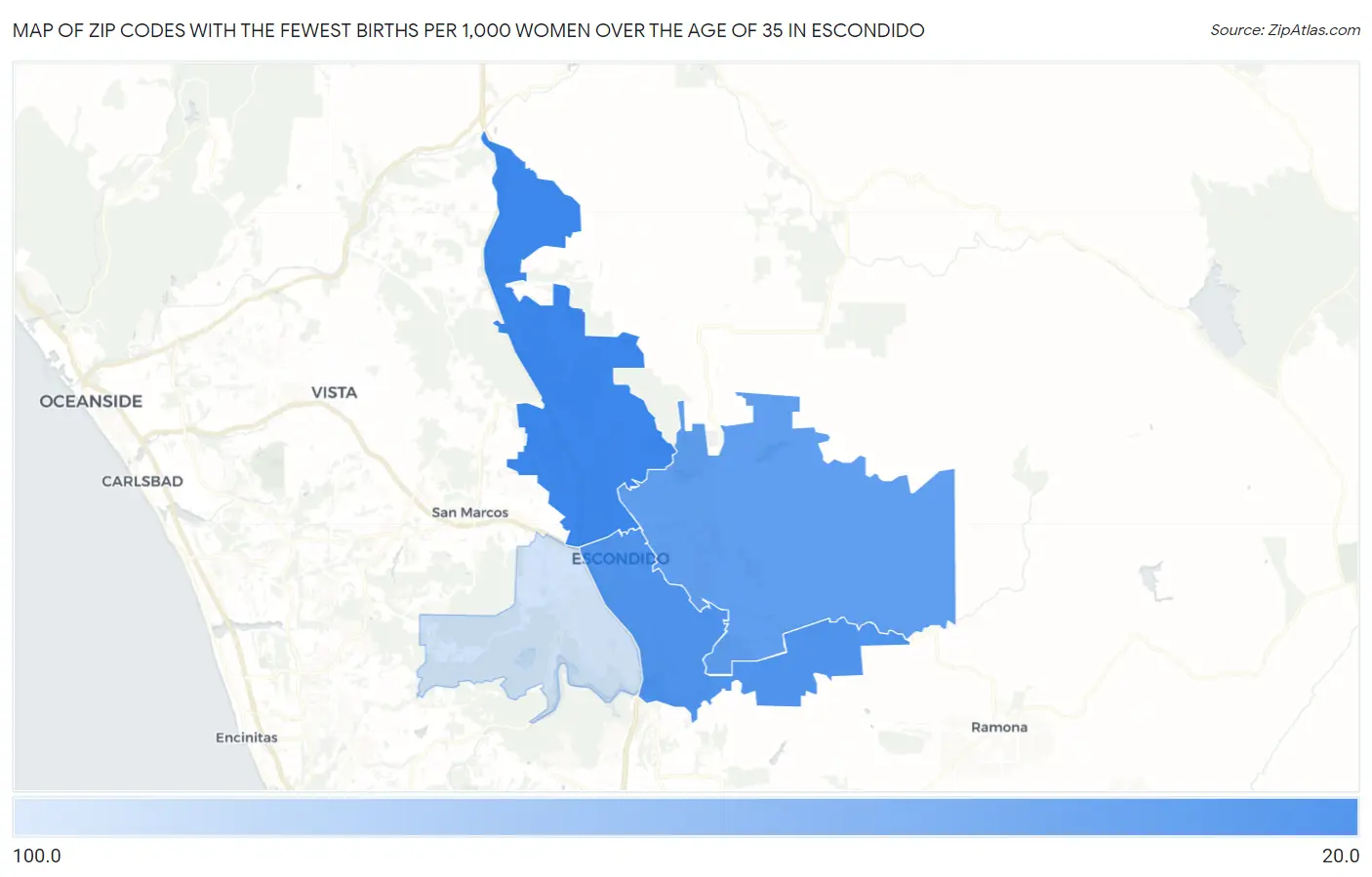 Zip Codes with the Fewest Births per 1,000 Women Over the Age of 35 in Escondido Map