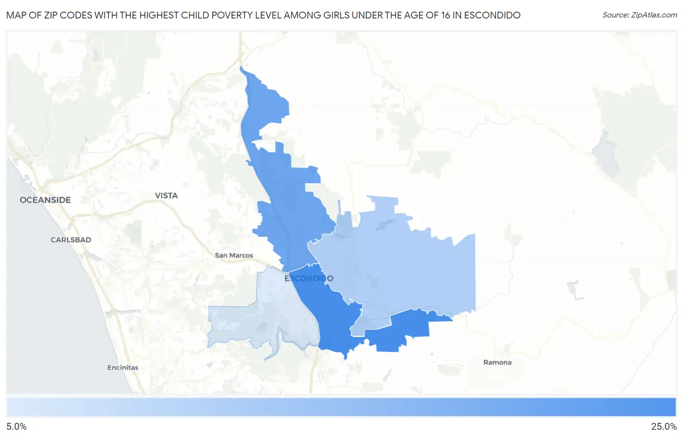 Zip Codes with the Highest Child Poverty Level Among Girls Under the Age of 16 in Escondido Map