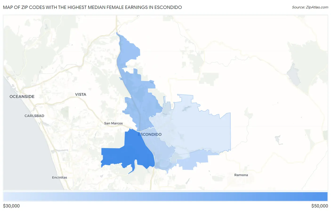 Zip Codes with the Highest Median Female Earnings in Escondido Map