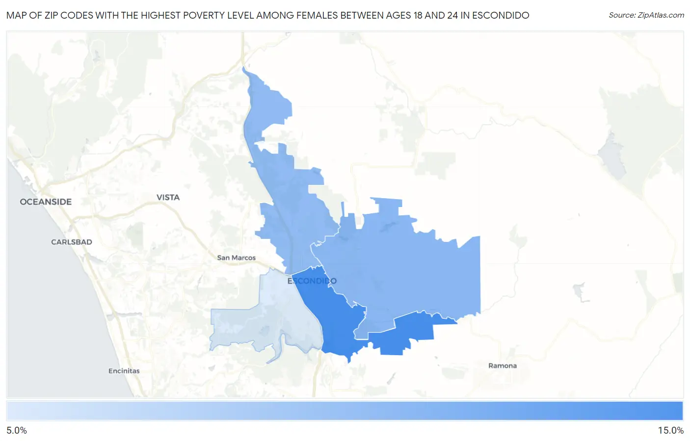 Zip Codes with the Highest Poverty Level Among Females Between Ages 18 and 24 in Escondido Map