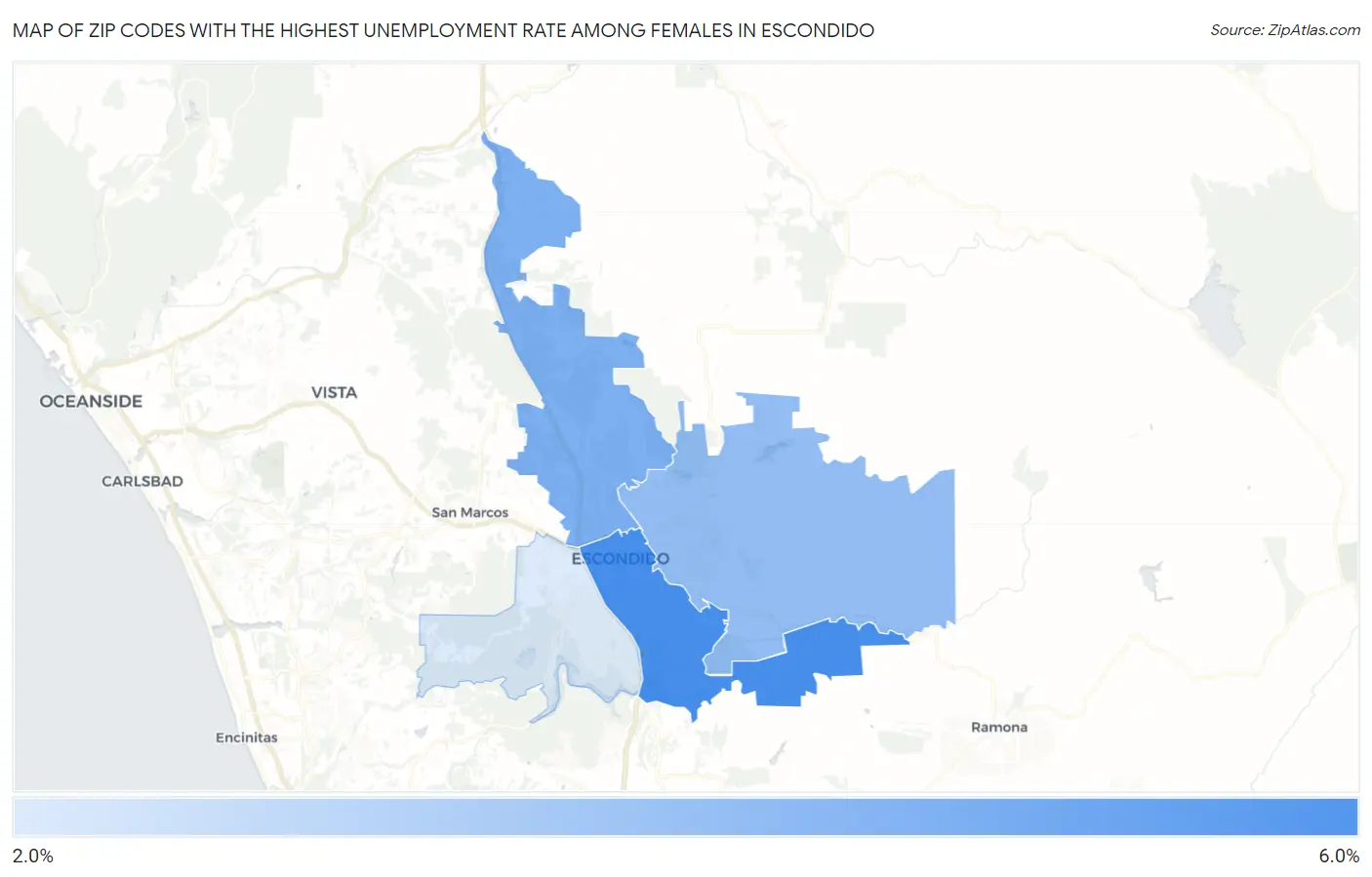 Zip Codes with the Highest Unemployment Rate Among Females in Escondido Map