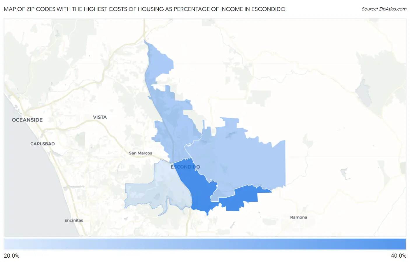 Zip Codes with the Highest Costs of Housing as Percentage of Income in Escondido Map