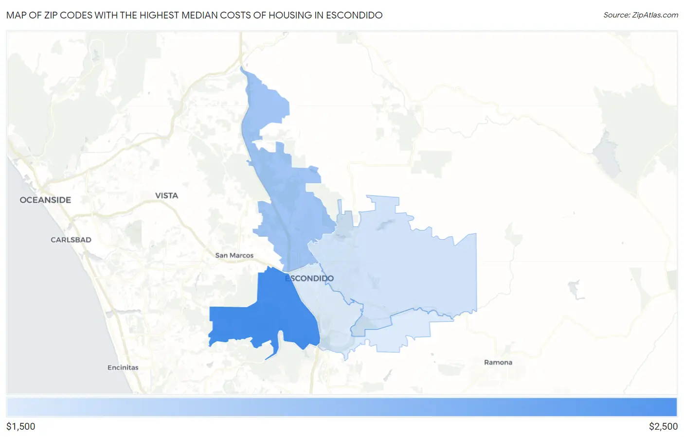 Zip Codes with the Highest Median Costs of Housing in Escondido Map