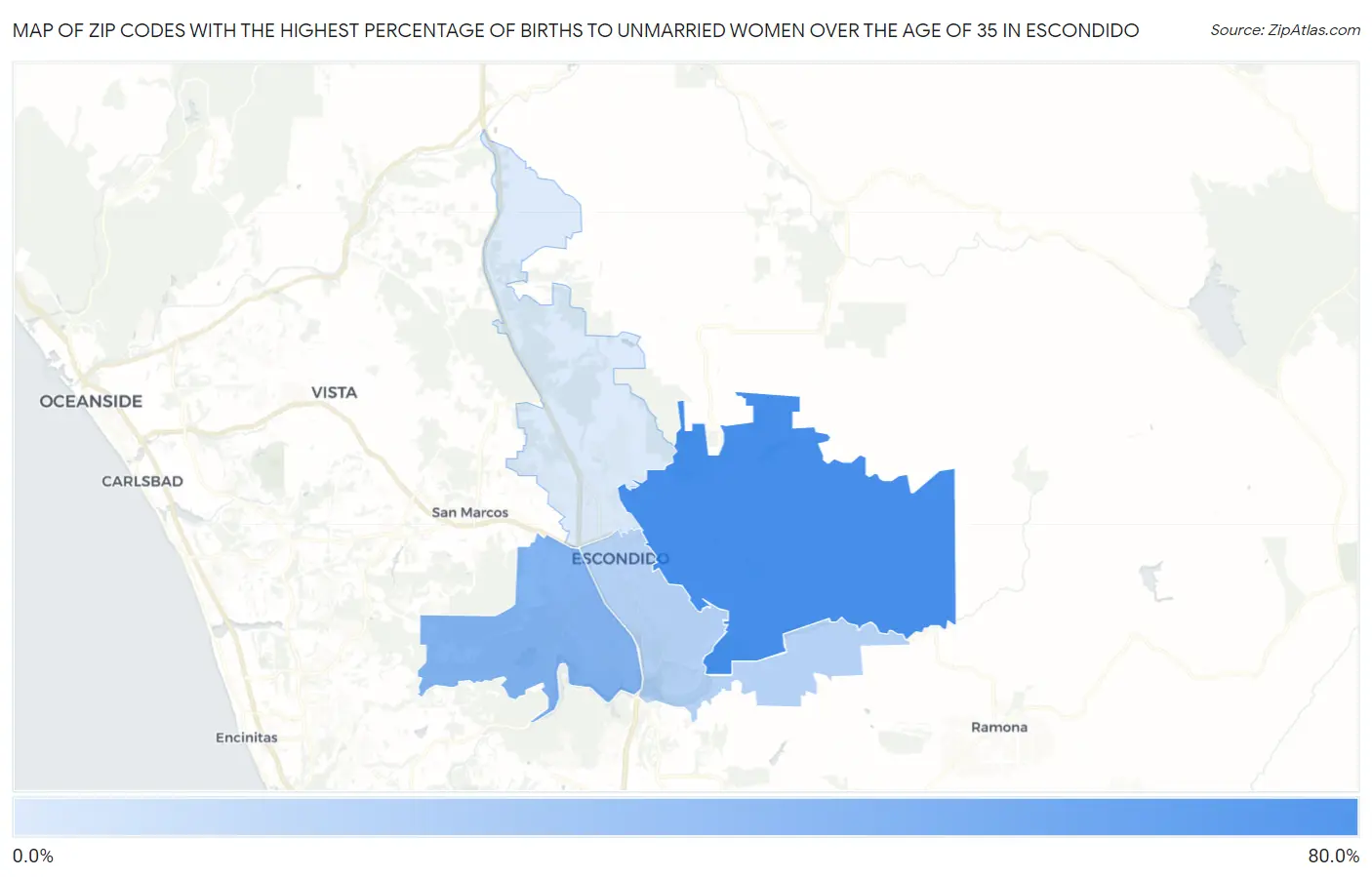 Zip Codes with the Highest Percentage of Births to Unmarried Women over the Age of 35 in Escondido Map