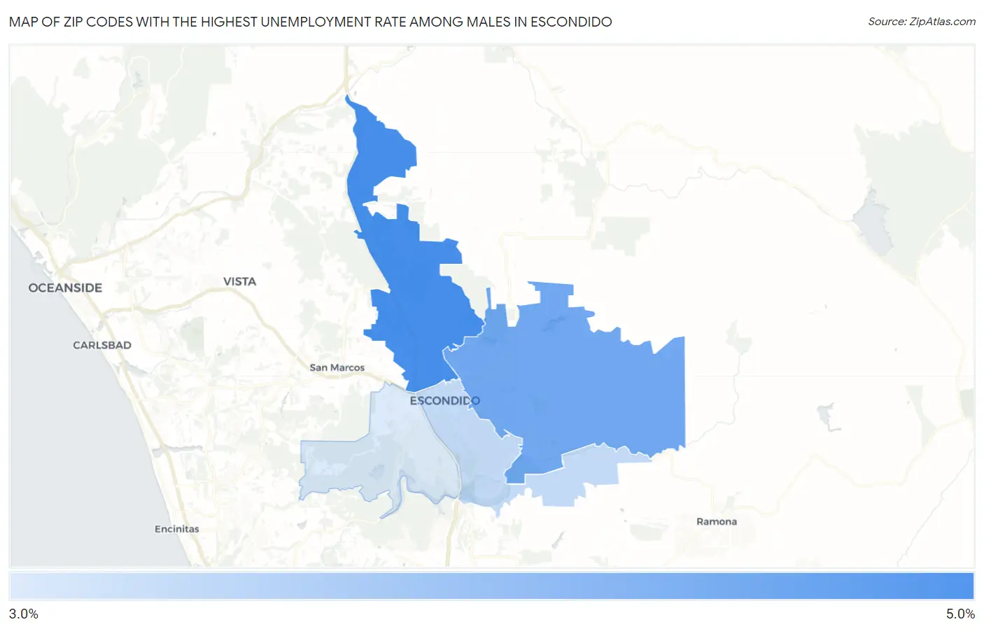 Zip Codes with the Highest Unemployment Rate Among Males in Escondido Map