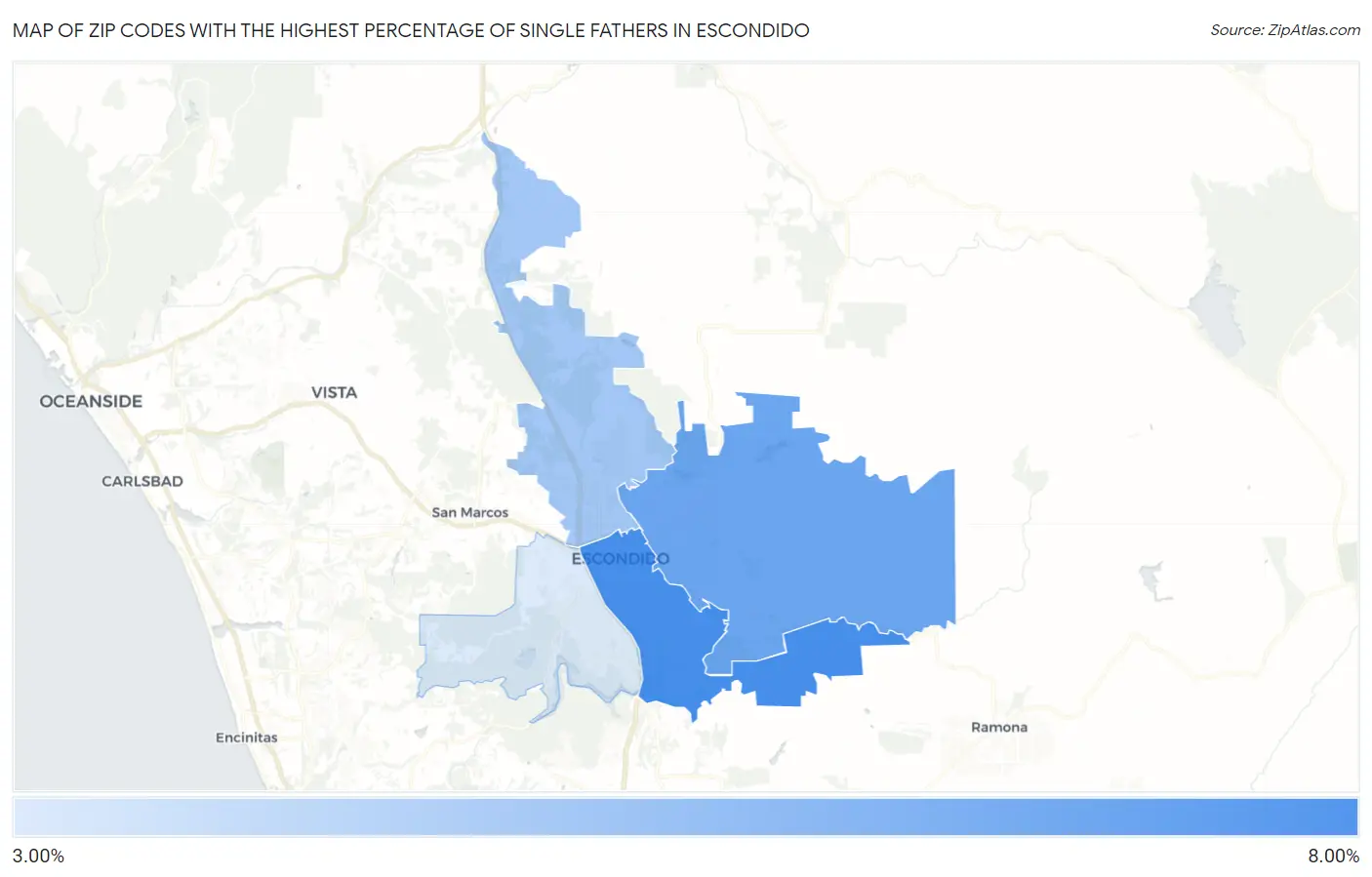 Zip Codes with the Highest Percentage of Single Fathers in Escondido Map