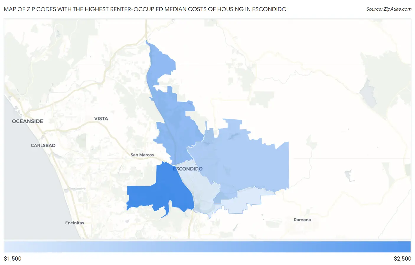 Zip Codes with the Highest Renter-Occupied Median Costs of Housing in Escondido Map