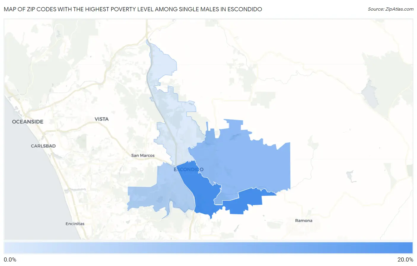 Zip Codes with the Highest Poverty Level Among Single Males in Escondido Map