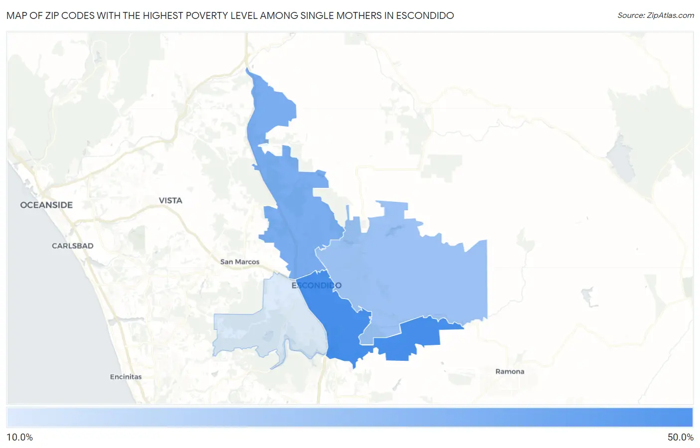 Zip Codes with the Highest Poverty Level Among Single Mothers in Escondido Map