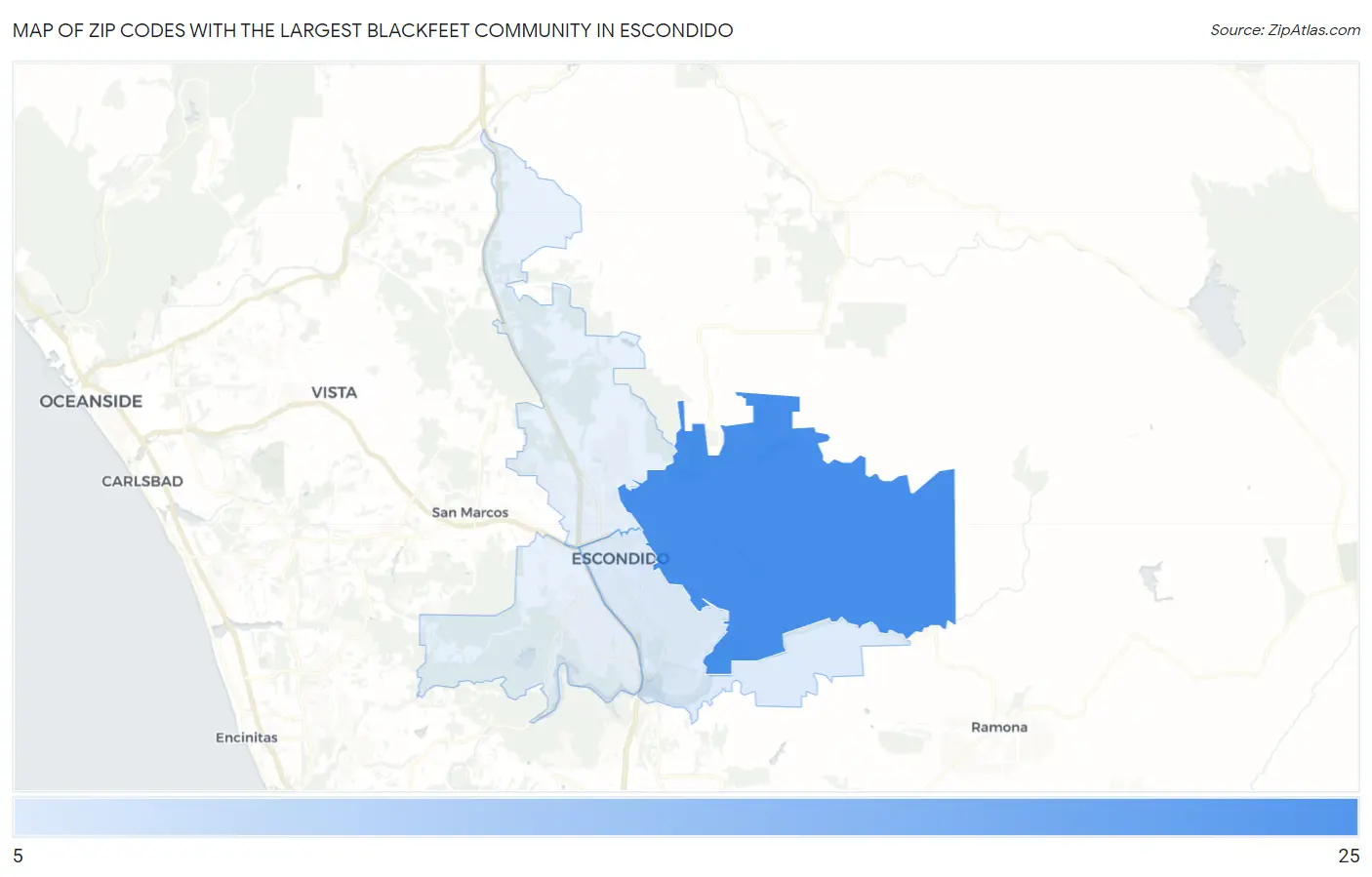 Zip Codes with the Largest Blackfeet Community in Escondido Map