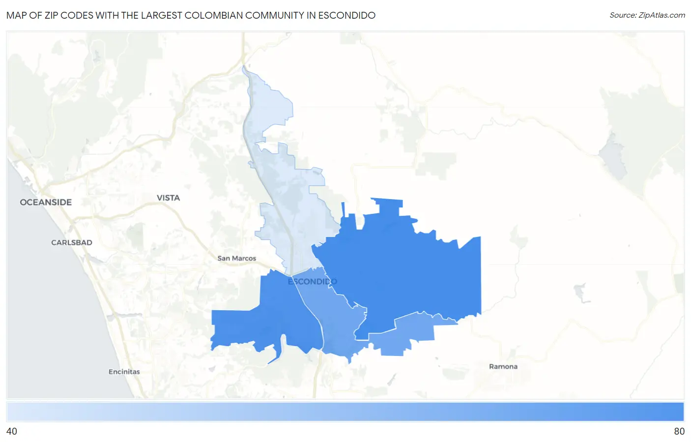 Zip Codes with the Largest Colombian Community in Escondido Map