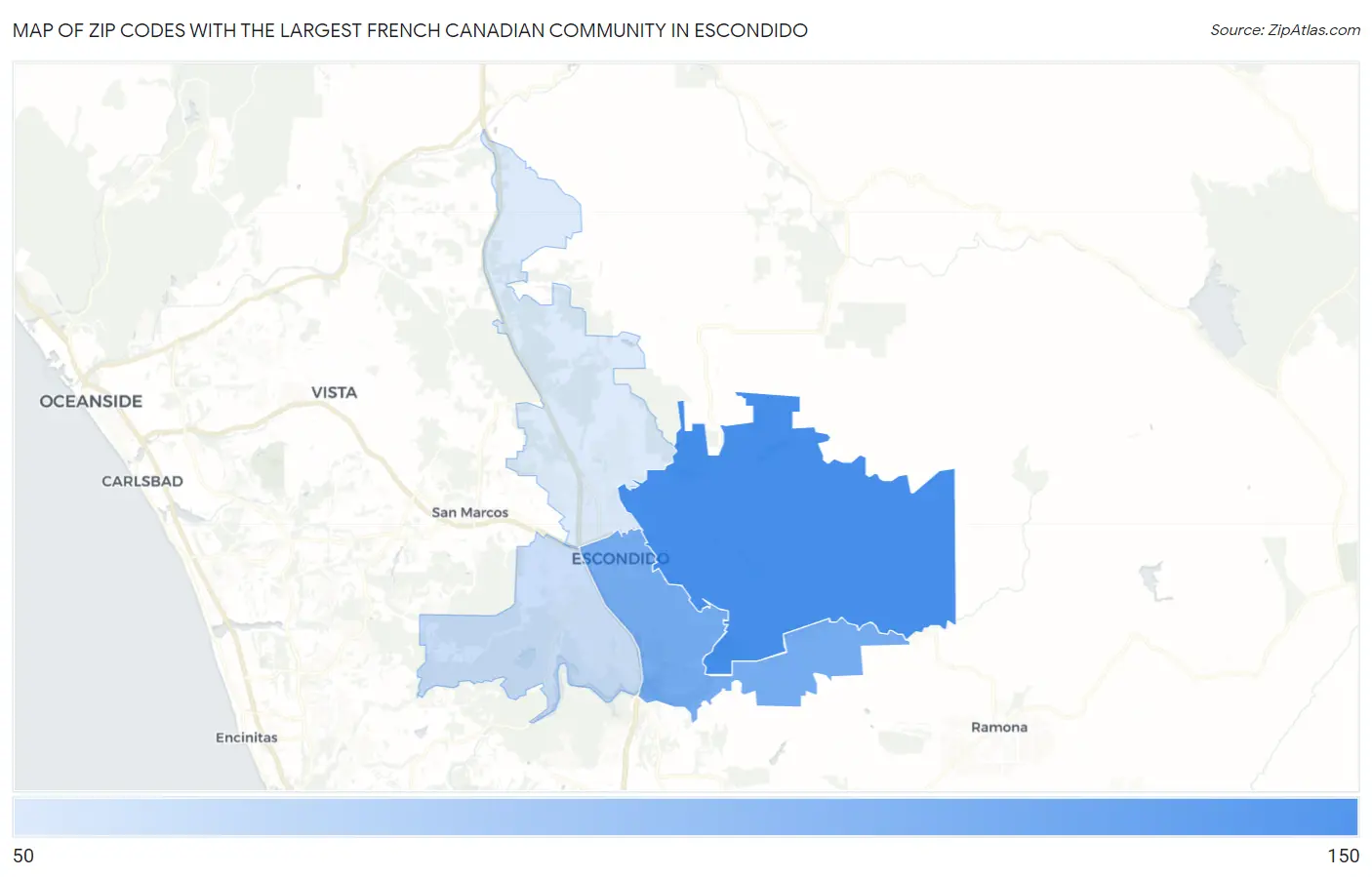 Zip Codes with the Largest French Canadian Community in Escondido Map