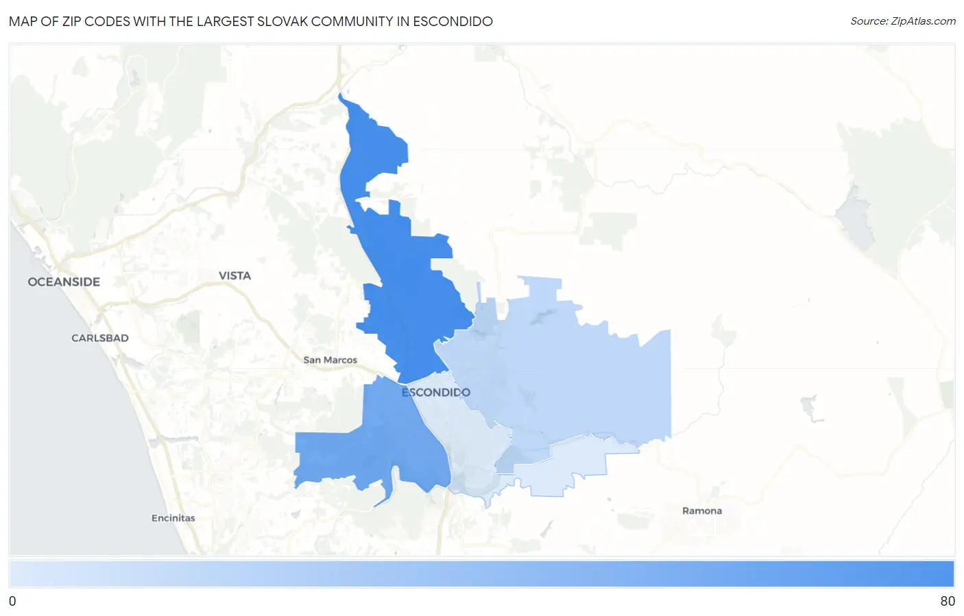 Zip Codes with the Largest Slovak Community in Escondido Map