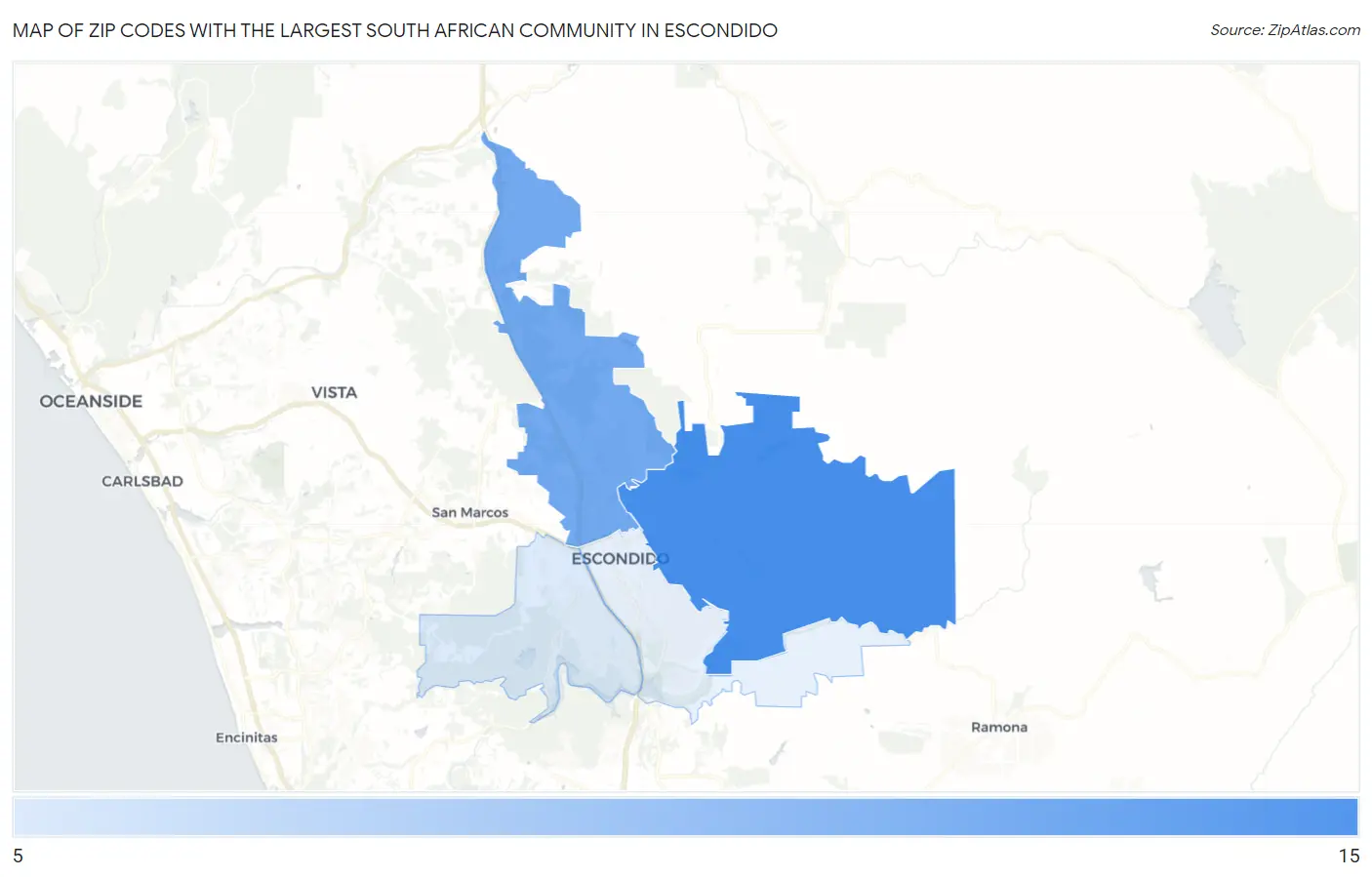 Zip Codes with the Largest South African Community in Escondido Map