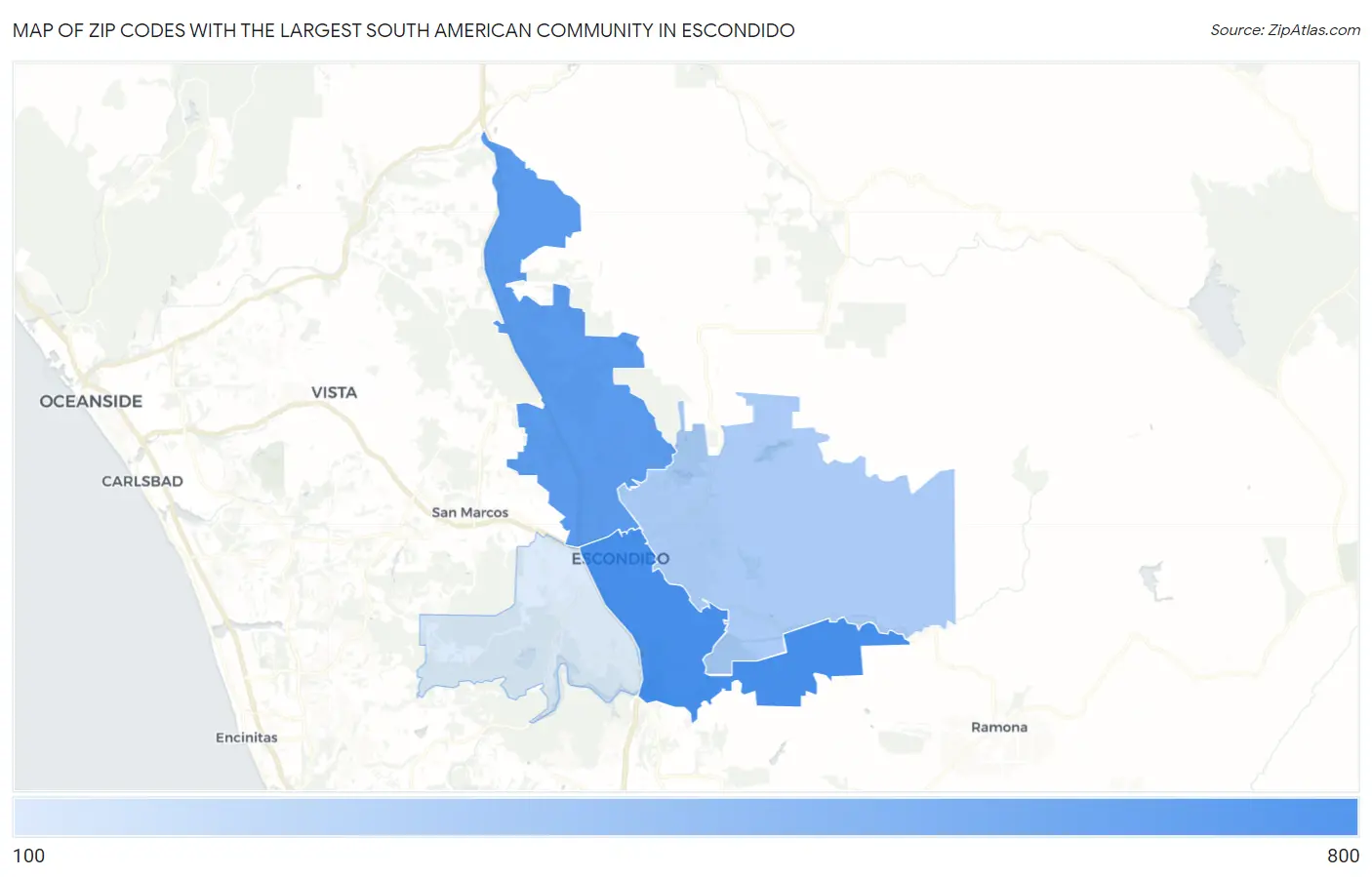 Zip Codes with the Largest South American Community in Escondido Map