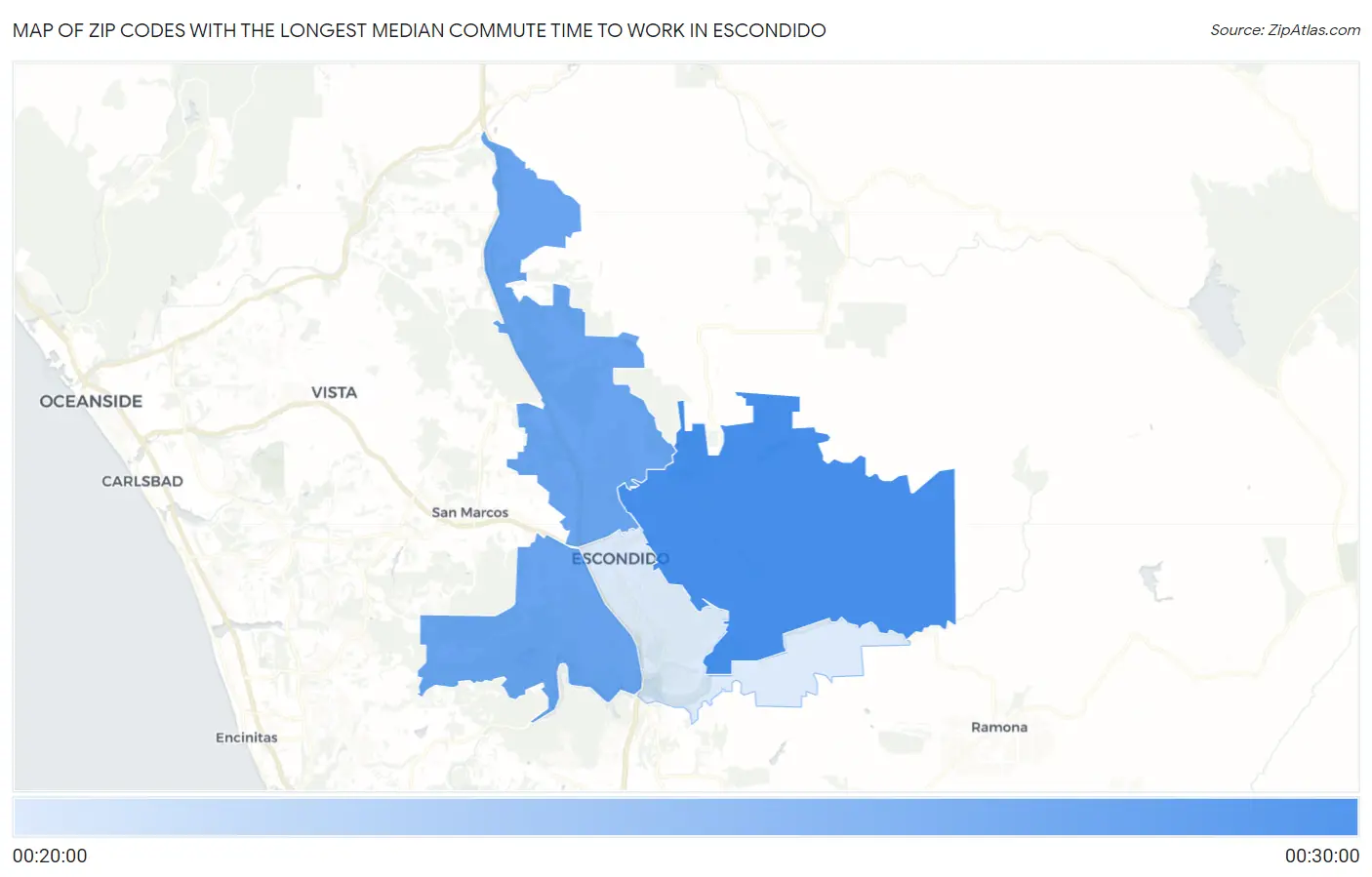 Zip Codes with the Longest Median Commute Time to Work in Escondido Map