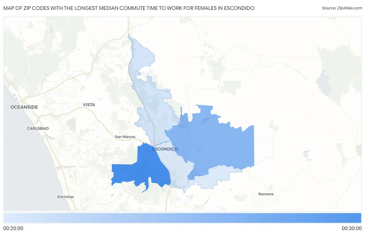 Zip Codes with the Longest Median Commute Time to Work for Females in Escondido Map
