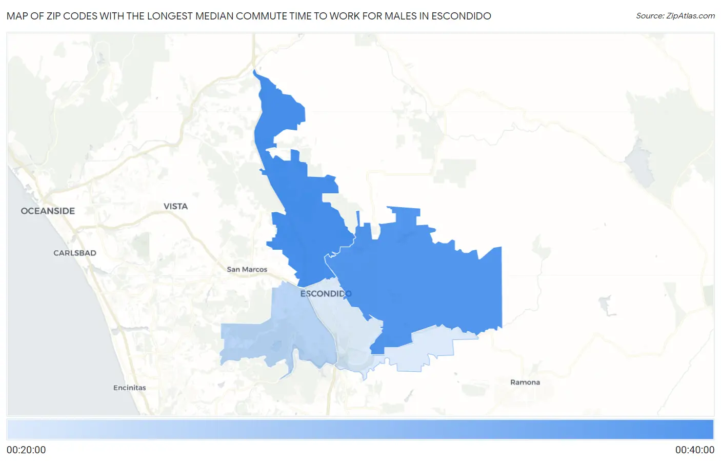 Zip Codes with the Longest Median Commute Time to Work for Males in Escondido Map