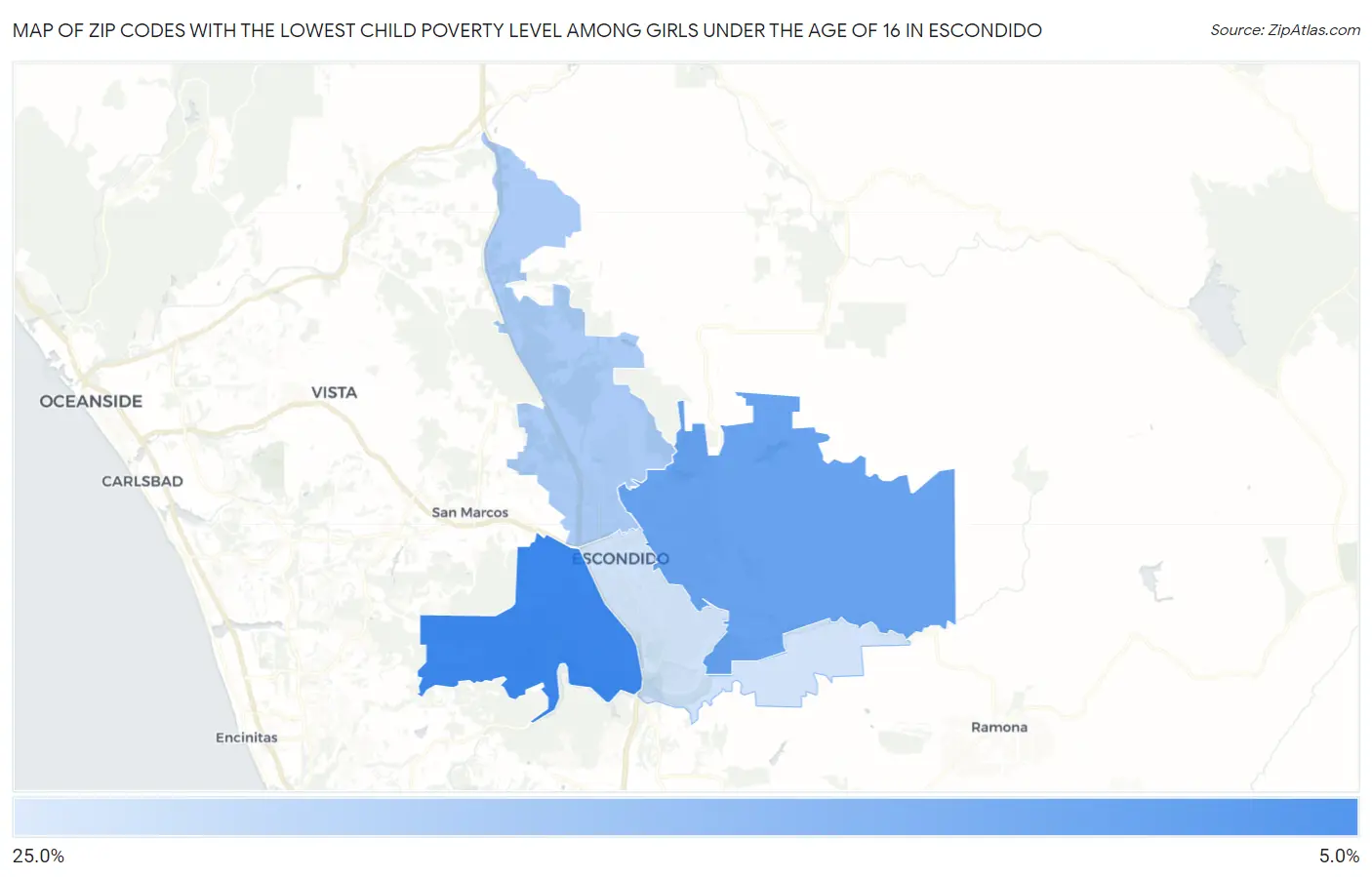 Zip Codes with the Lowest Child Poverty Level Among Girls Under the Age of 16 in Escondido Map