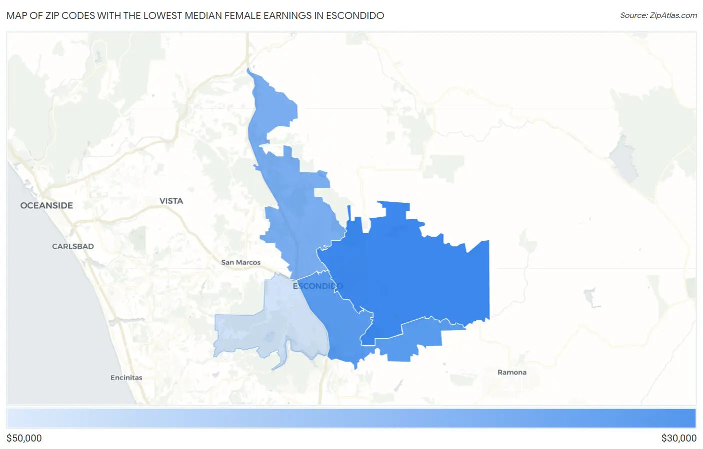 Zip Codes with the Lowest Median Female Earnings in Escondido Map