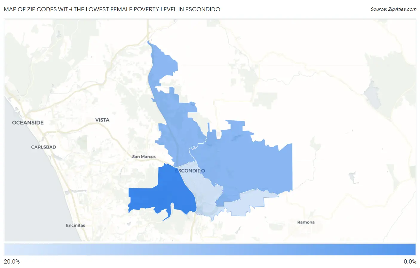 Zip Codes with the Lowest Female Poverty Level in Escondido Map