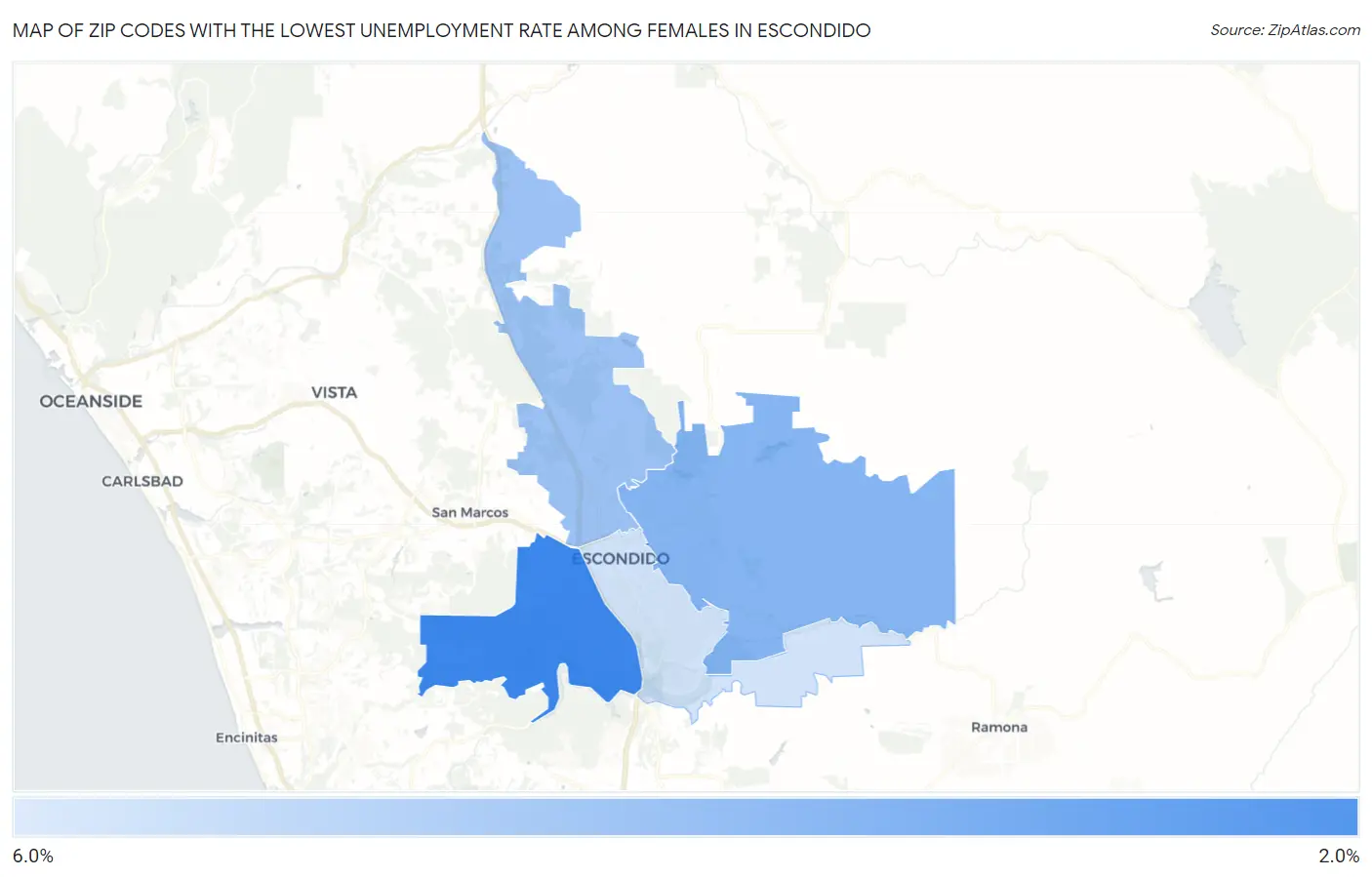 Zip Codes with the Lowest Unemployment Rate Among Females in Escondido Map