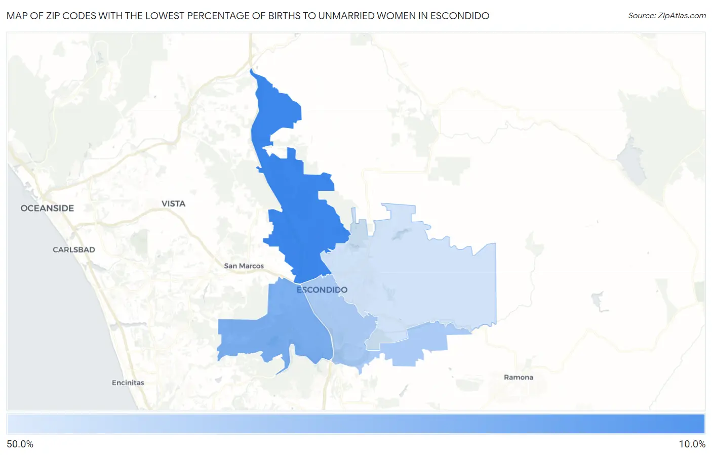 Zip Codes with the Lowest Percentage of Births to Unmarried Women in Escondido Map