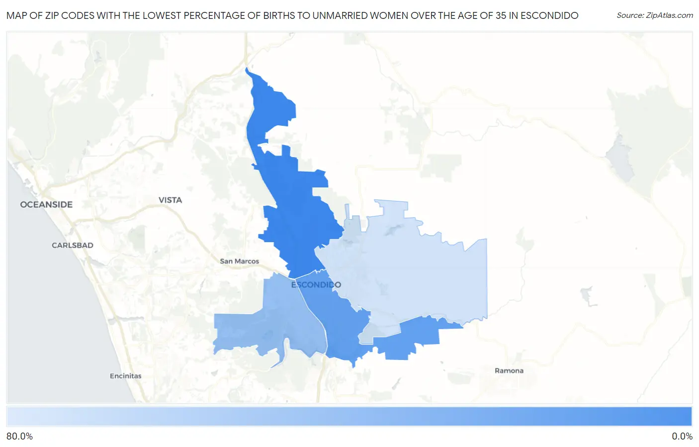 Zip Codes with the Lowest Percentage of Births to Unmarried Women over the Age of 35 in Escondido Map