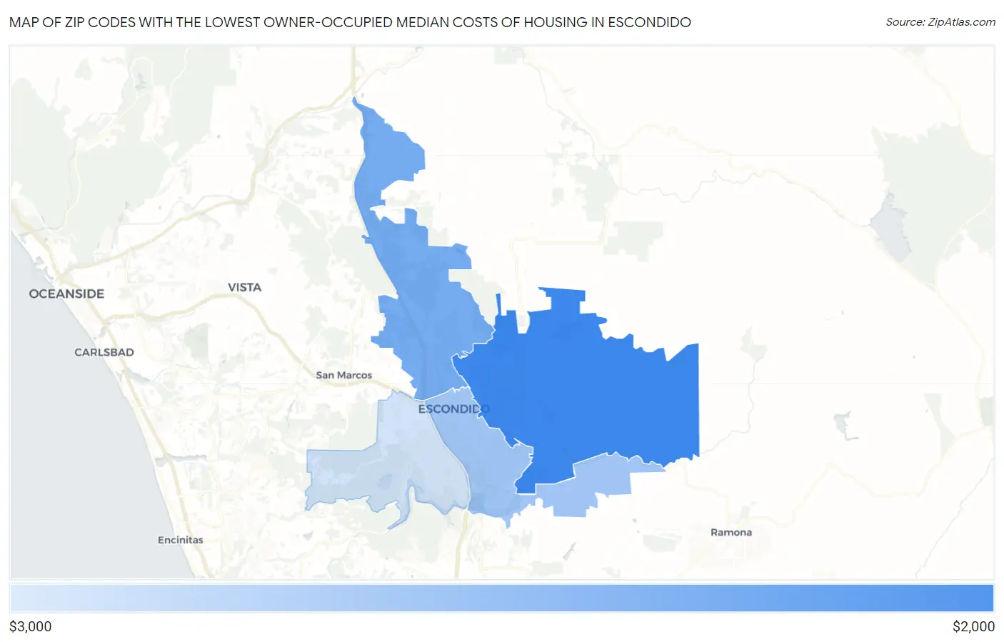 Zip Codes with the Lowest Owner-Occupied Median Costs of Housing in Escondido Map