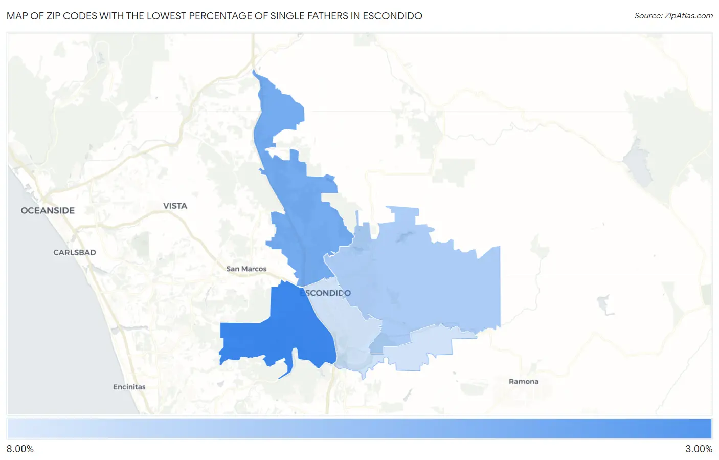 Zip Codes with the Lowest Percentage of Single Fathers in Escondido Map